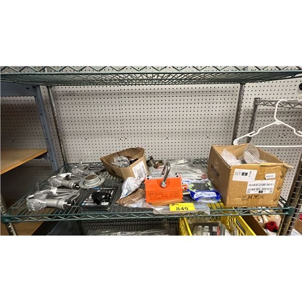 SHELF OF ASSORTED ITEMS INCLUDING VEVOR PERMANENT MAGNETIC LIFTER, 3/4 INCH MANUAL UNLEAD NOZZLE