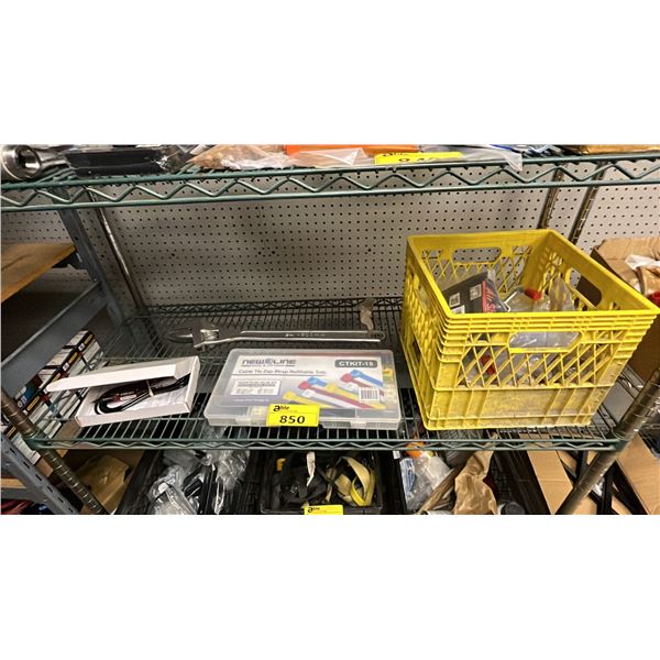 SHELF OF ASSORTED ITEMS INCLUDING CABLE TIE ZAP STRAPS, HEAVY DUTY 24'' ADJUSTABLE WRENCH AND MORE