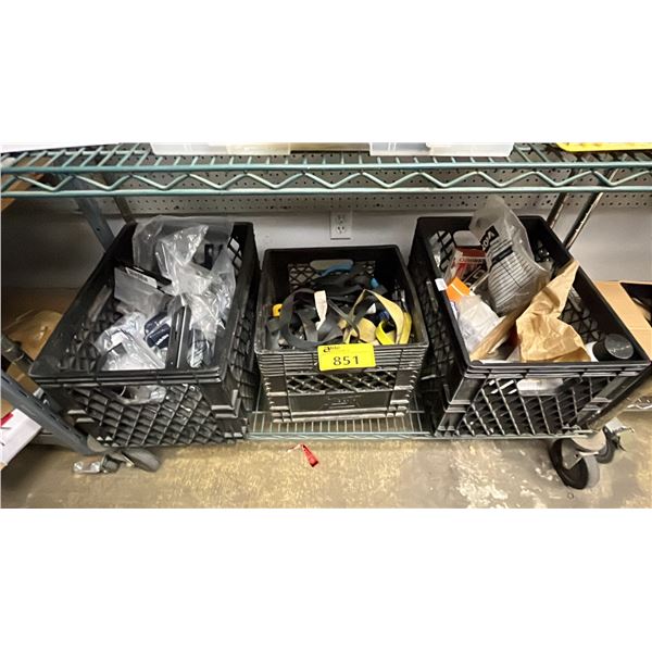 SHELF OF ASSORTED ITEMS INCLUDING STRAPS, SCREWS METAL PARTS AND MORE