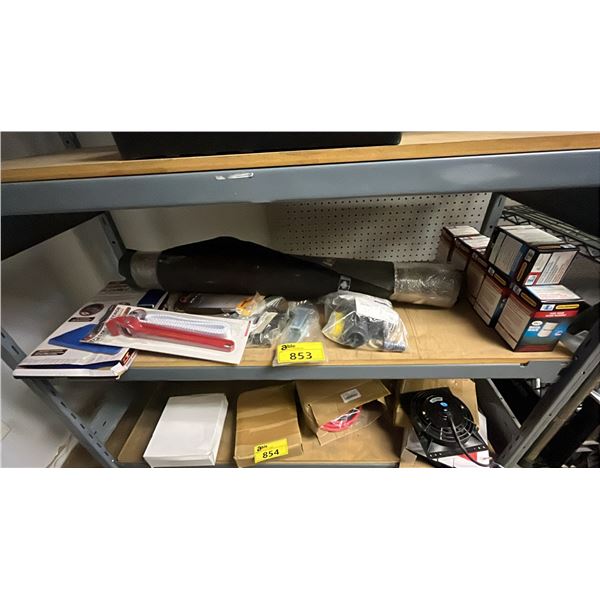 SHELF OF ASSORTED ITEMS INCLUDING 12" STRAP WRENCH, PT FENDER BUDDY FLEXIBLE TRAY, FOAM WEATHER TAPE
