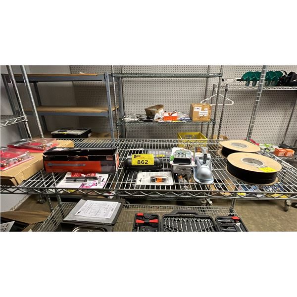 SHELF OF ASSORTED ITEMS INCLUDING BALL COUPLER, 0.5" X 7" WEDGE ANCHER, MILTON VALVE EXTENSION AND