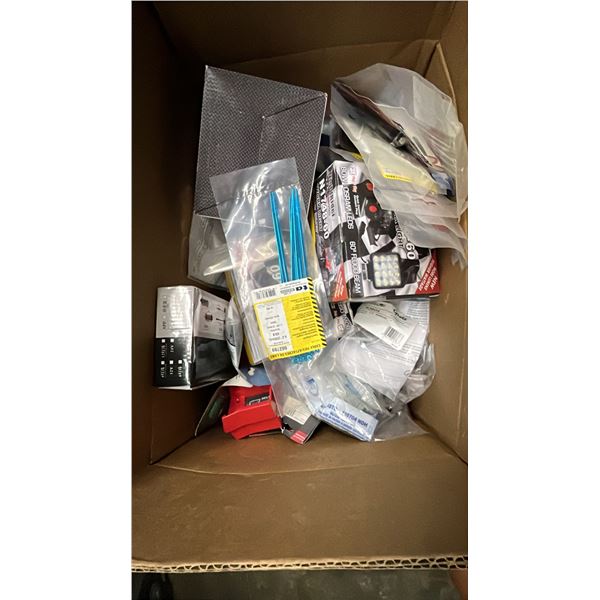 BOX OF ASSORTED ITEMS INCLUDING NIGHT RIDER  WORK LIGHTS , ZIP TIES AND MORE