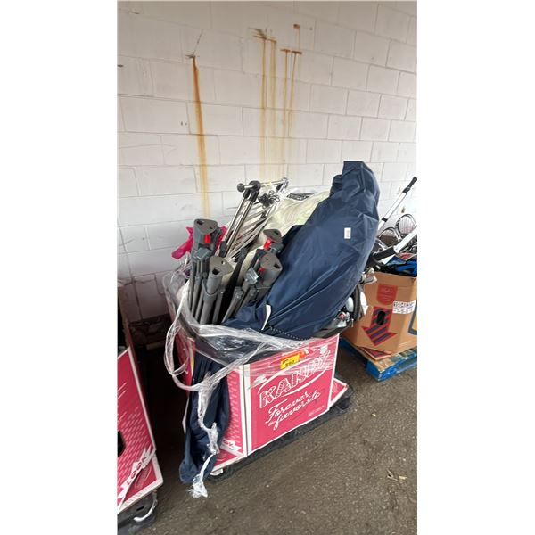 PALLET OF ASSTD. ITEMS: METAL SHELVING UNIT PCS, CLOTHES DRYING RACK, PATIO UMBRELLAS & MORE