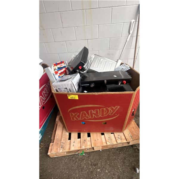 PALLET OF ASSTD. PROPANE STOVES, ELECTRIC KETTLES, FOLDING CHAIR & MORE *WORKING CONDITION UNKNOWN/