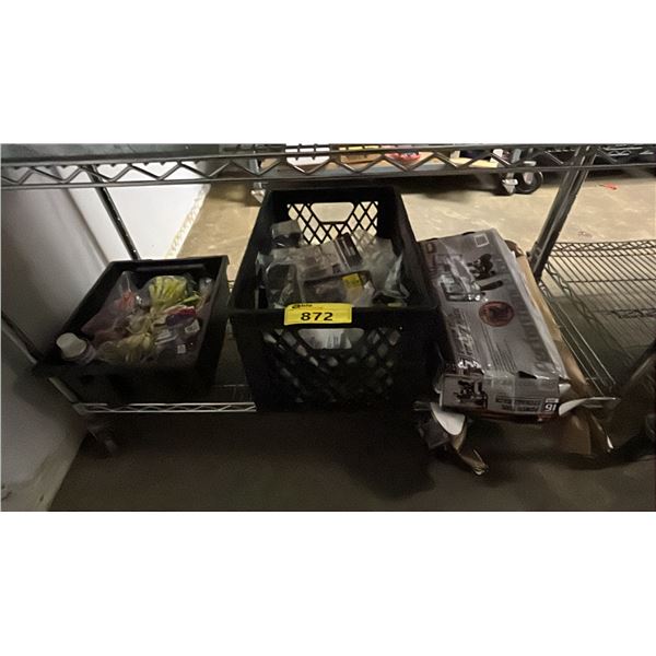 SHELF OF ASSORTED ITEMS INCLUDING POWER TOOL STORAGE RACK , CRATE OF TIE-DOWN SLINGS AND MORE