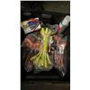 Image 4 : SHELF OF ASSORTED ITEMS INCLUDING POWER TOOL STORAGE RACK , CRATE OF TIE-DOWN SLINGS AND MORE