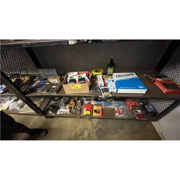 SHELF OF ASSORTED ITEMS INCLUDING BLACKSTONE STORAGE BAG, RAT TRAPS, TRU-COOL TRANSMISSION COOLER