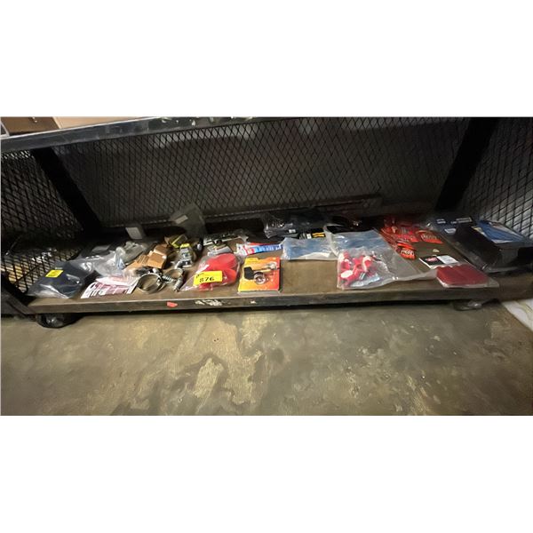SHELF OF ASSORTED ITEMS INCLUDING INTERIOR CAR WARMER, PROPANE TANK GAUGE, RTV SILICON ADHESIVE AND