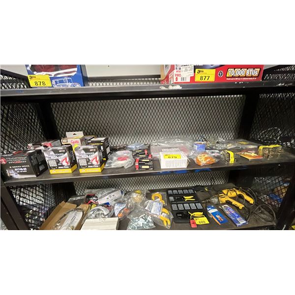 SHELF OF ASSORTED ITEMS INCLUDING NIGHT RIDER WORK LED LIGHTS, 3:1 DUAL WALL SHRINK TUBE AND MORE