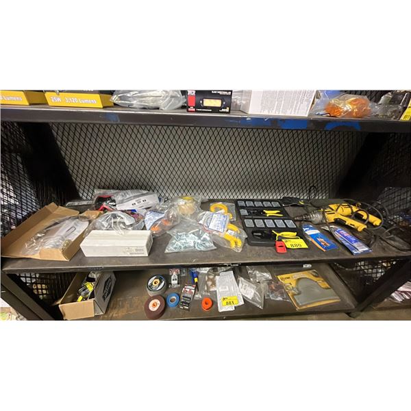 SHELF OF ASSORTED ITEMS INCLUDING DEWALT DRILLS & WIRE STRIPPER TOOL, CLEVIS SLING HOOK AND MORE
