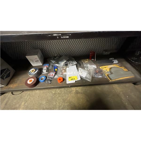SHELF OF ASSORTED ITEMS INCLUDING GRINDING DISCS, LOCK DE-ICER, HAND TOOLS AND MORE