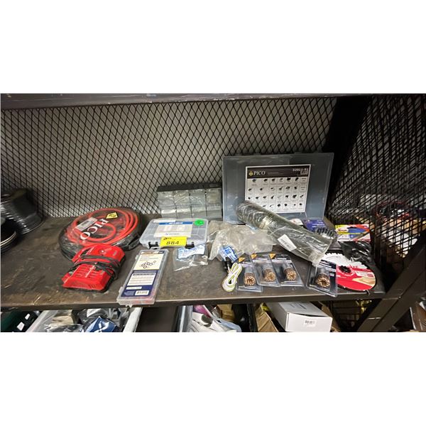 ASSORTED ITEMS INCLUDING JUMPER CABLES, BATTERY CHARGER, PICO PRO SERIES PIGTAILS AND MORE