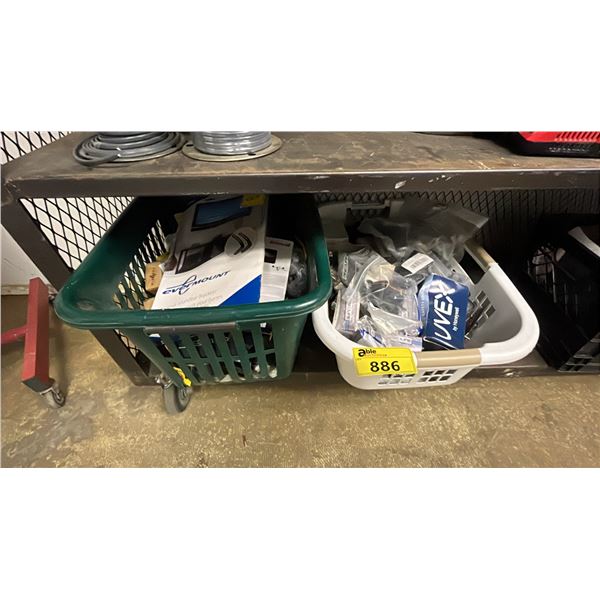 BINS OF ASSORTED ITEMS INCLUDING CAR FRESHENERS, SMALL PLUMBING PIPER CLAMPS AND MORE