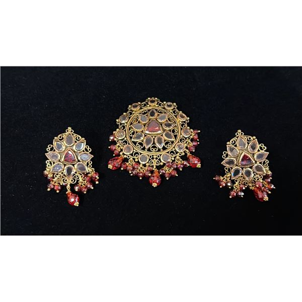 PAIR APPROX 22K EARRINGS SET WITH WHITE AND RED STONES AND ORANGE BEADS & APPROX 22K PENDANT SET