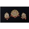 Image 1 : PAIR APPROX 22K EARRINGS SET WITH WHITE AND RED STONES AND ORANGE BEADS & APPROX 22K PENDANT SET