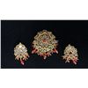 Image 2 : PAIR APPROX 22K EARRINGS SET WITH WHITE AND RED STONES AND ORANGE BEADS & APPROX 22K PENDANT SET