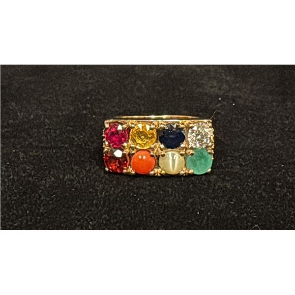 APPROX 14K LADIES RING SET WITH DIAMONDS (.01-.5CT), RUBY, SAPPHIRE, CHRYSOBERYL & EMERALD (11.6G)