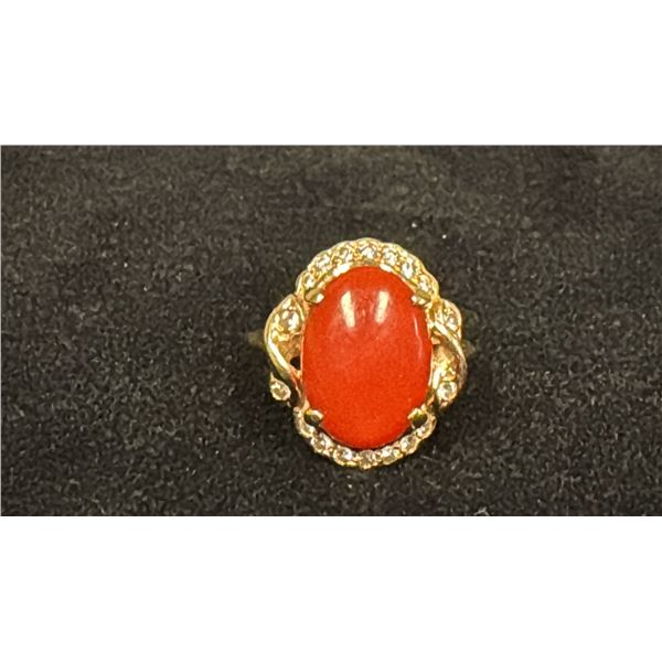 APPROX 14K LADIES RING SET WITH RED CORAL & DIAMONDS (.02-.025CT, 5.6G)