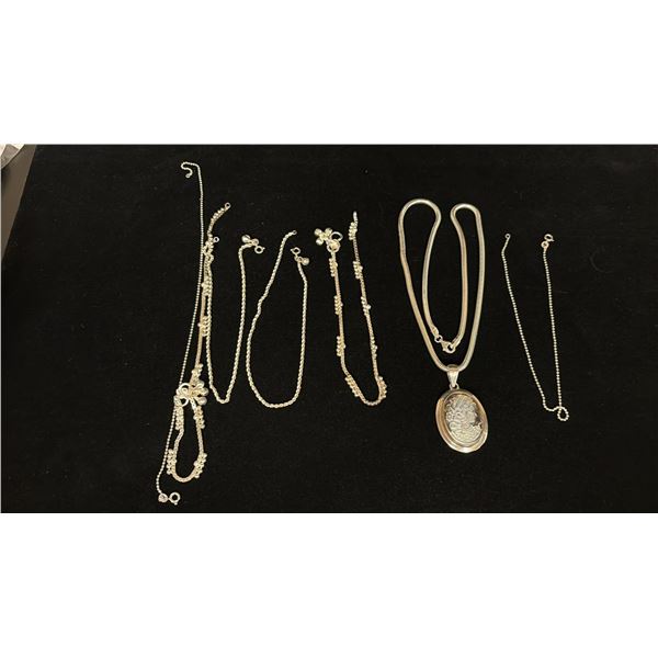 SILVER CHAIN (18") WITH SILVER PENDANT SET WITH SHELL CAMEO & SIX SILVER ANKLETS (62.1G)