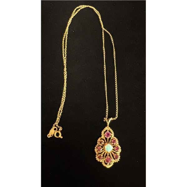 APPROX 14K CHAIN (15") WITH APPROX 14K PENDANT SET WITH OPAL & RUBIES (3.9G)