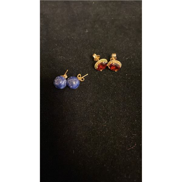 PAIR APPROX 14K EARRINGS SET WITH GARNETS & PAIR APPROX 10K SODALITE BEAD EARRINGS (3.7G)