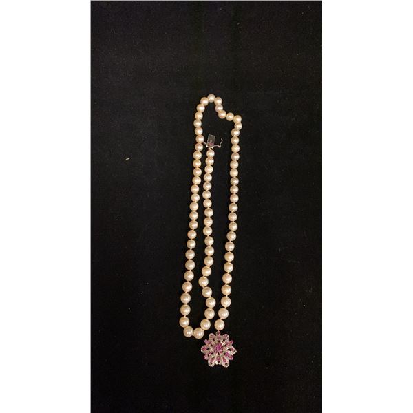 PEARL NECKLACE (28") SET WITH RUBIES & DIAMONDS & APPROX 18K CLASP (10G)