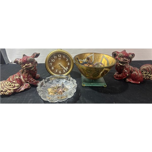 Decorative Figurines, Clock, and Bowls