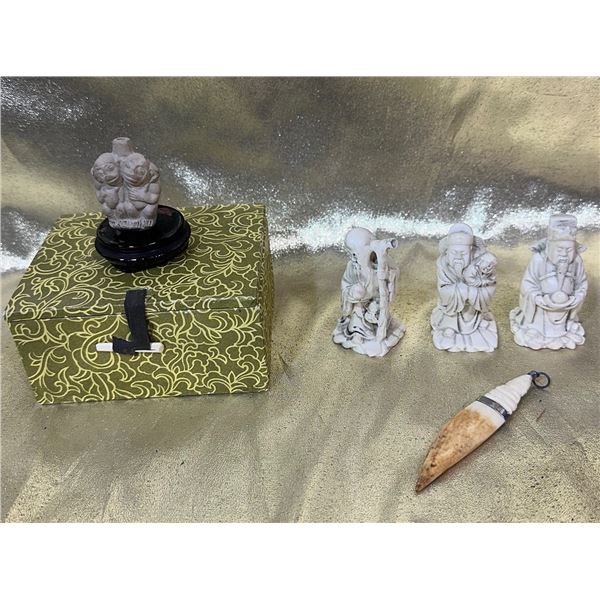 Four Asian Carved Figures and Pendant