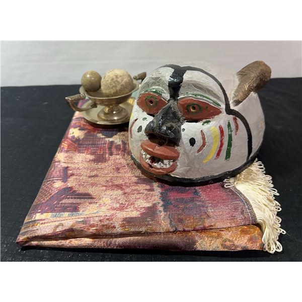 Decor Lot: Mask, Silver Dish, Cloth
