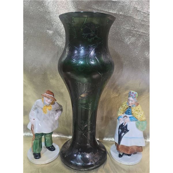 Porcelain Figurines and Green Vase