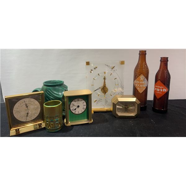 Clocks Bottles and Ceramic Mugs Lot