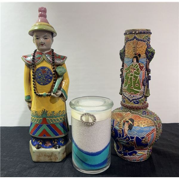 Chinese Ceramic Figure, Vase, and Sand Art