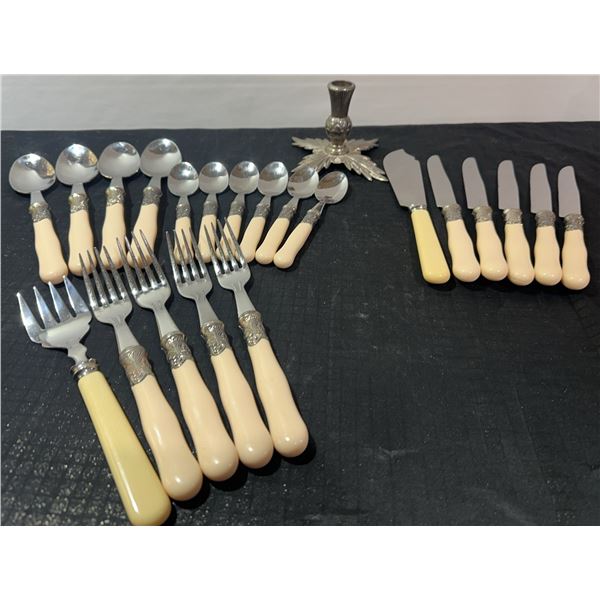 Cream-Handled Flatware Set with Metal Candle Holder
