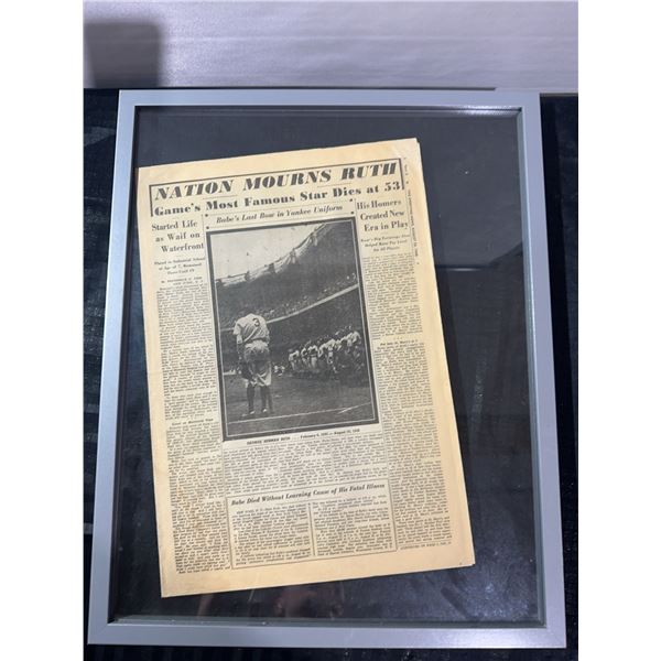 Babe Ruth Death Newspaper, Framed