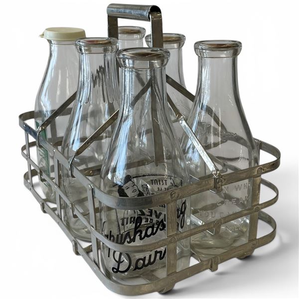 Vintage Milk Carrier with 6 Glass Bottles - 5  Bottles have the cardboard tops - 1 Valley Dairy & 1 