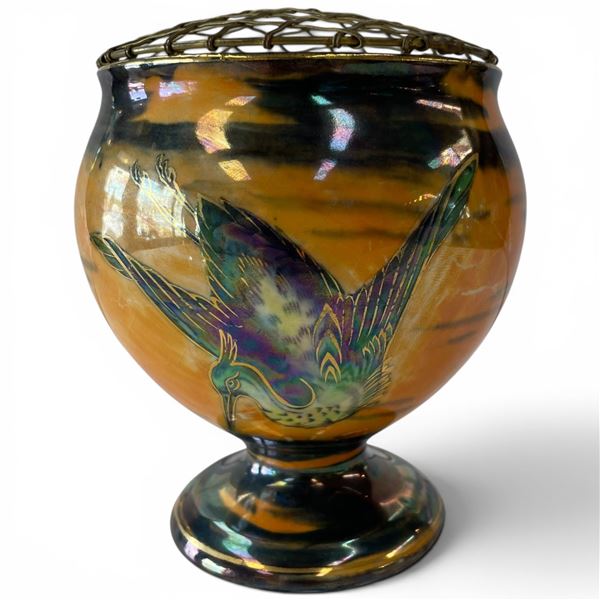 1940s Scottish "SanToi" Lusterware Vase with Wire Floral Cage - Brittania Pottery Co. (6" tall x 6" 