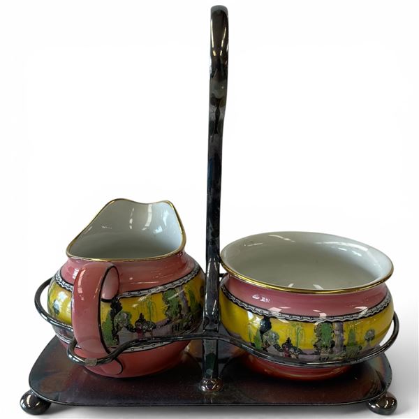 Vintage Royal Winton  Grimwades Cream & Sugar on Silver Plated Stand