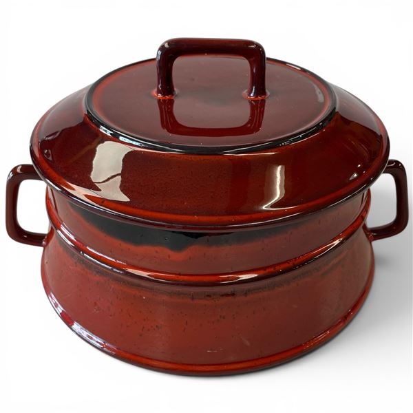 Glossy Red Enameled Lidded Dish with Side Handles (6" tall x 10" diameter)
