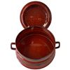 Image 2 : Glossy Red Enameled Lidded Dish with Side Handles (6" tall x 10" diameter)
