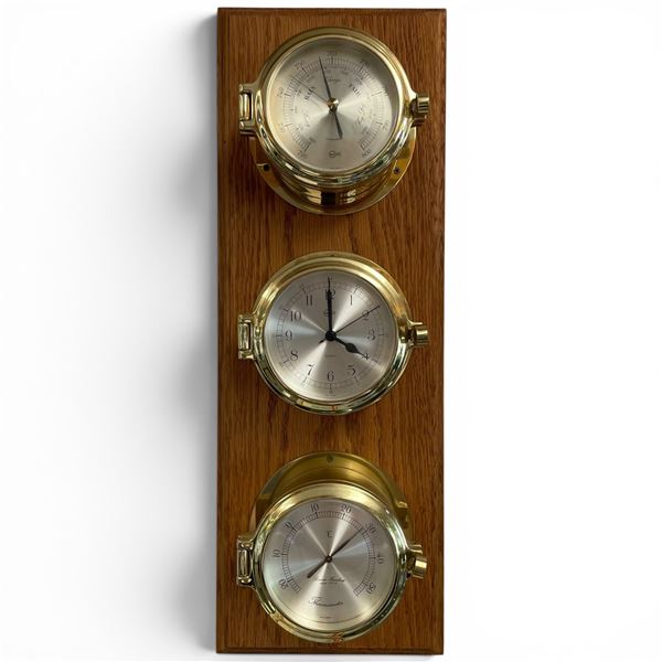 Trysail Weather Center with Brass Porthole Design on Oak Back - 8" x 23"
