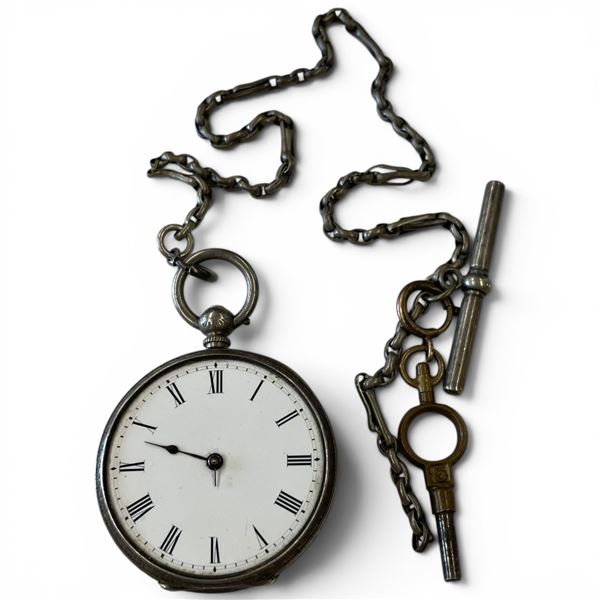 Antique Sterling Silver 1.5" Pocket Watch - No glass (Fob is not stamped - do not know if fob is sil