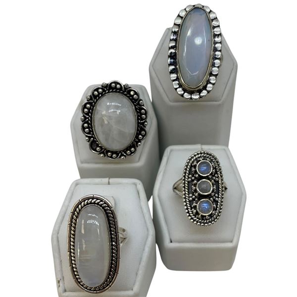 4 New Rings * all stamped .925 * (White Agate and Moonstone)  Longest ring  is 37mm * Total weight: 