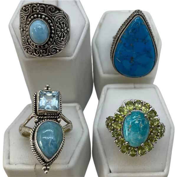 4 New Rings * all stamped .925 * (Turquoise, Ocan Agate and Larimar) Longest ring  is 35mm * Total w