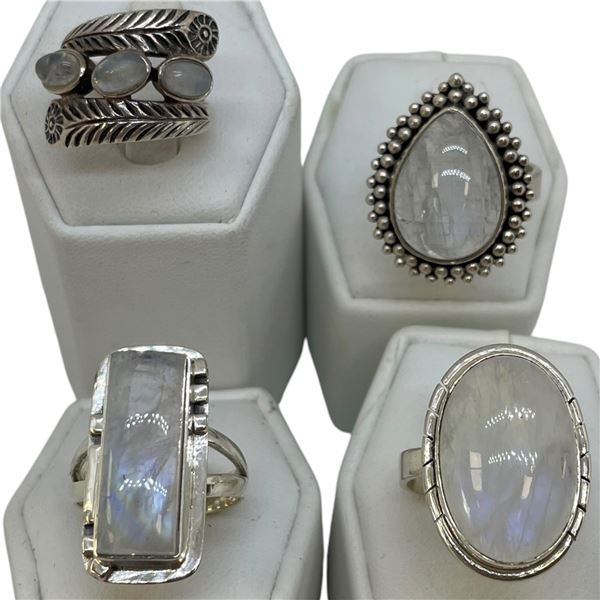4 New Rings * all stamped .925 * (White Agate, Quartz Crystal, and Moonstone)  Longest ring  is 27mm