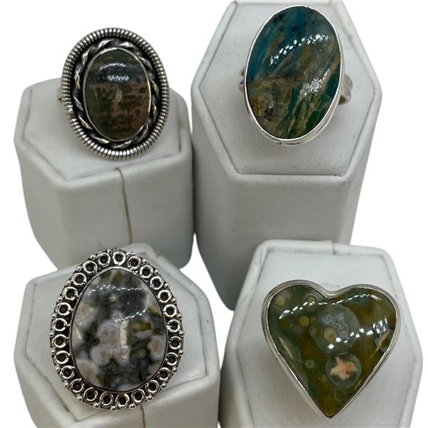 4 New Rings * all stamped .925 * (Amazonite, Jasper, and Agate)  Longest ring  is 27mm * Total weigh