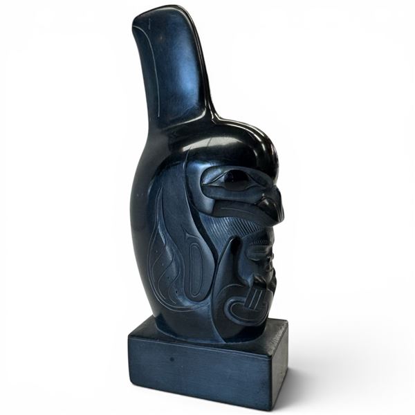 Signed Earl Jones Argillite "Killer Whale Man" Sculpture - 7" tall on 1.5" x 3" base