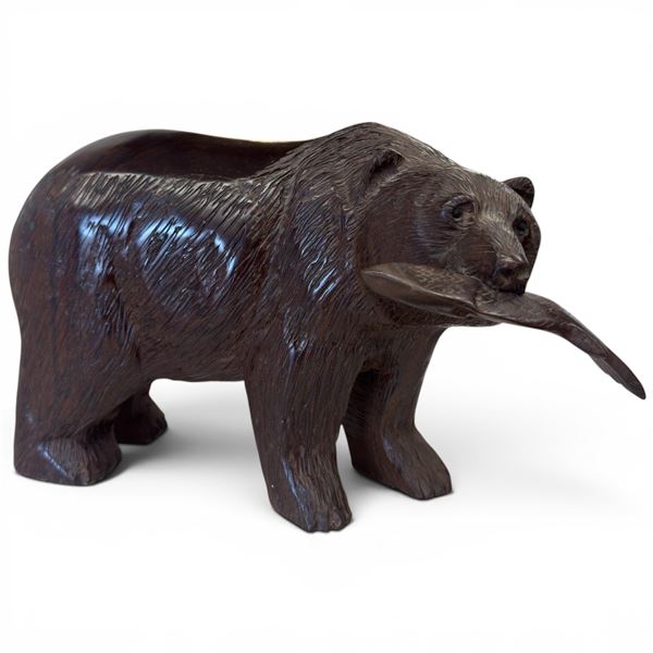 Carved Wood "Bear with Salmon" Statue - 7" x 12" x 9" tall