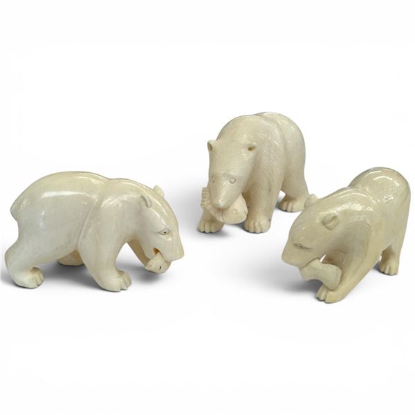 3 Carved Ivorine Polar Bear Figurines - Largest is 1.5" x 3" x 2" tall
