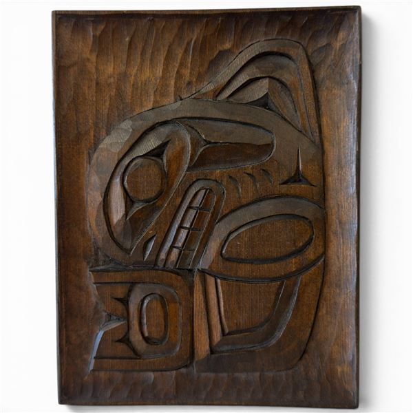 Carved Cedar "Killer Whale" Plaque Signed Ray Wesley, Tsimshian Indian, BC (5.5" x 7")