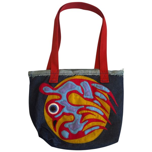 Original Paul Johnny Wearable Art Tote Bag - Hand Stitched Flannel & Denim- First Nations Design (13